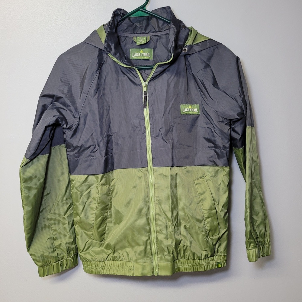 Lake Trail Boys Windbreaker Jacket Gray Green Hooded Full Zip Size L 10 12‎